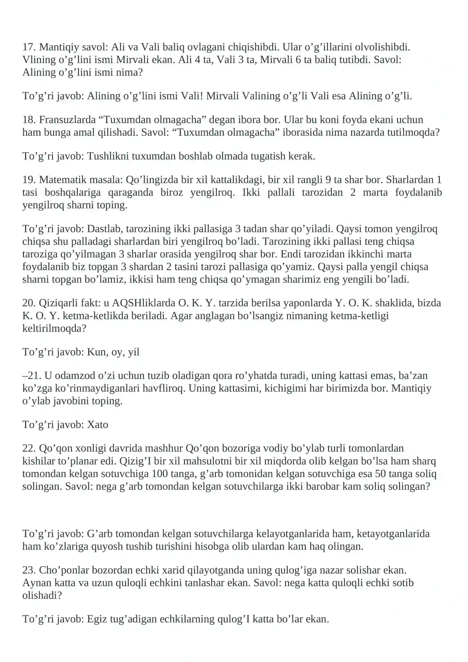 202 ta mantiqiy savollar javoblari bilan 3