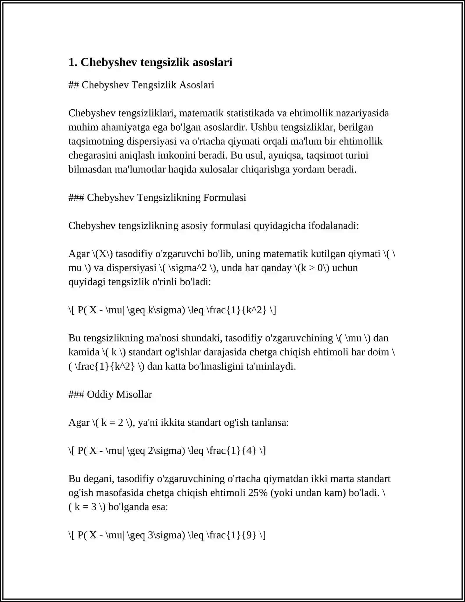 MUSTAQIL ISH Mavzu: CHEBISHEV TENGSIZLIGI 3