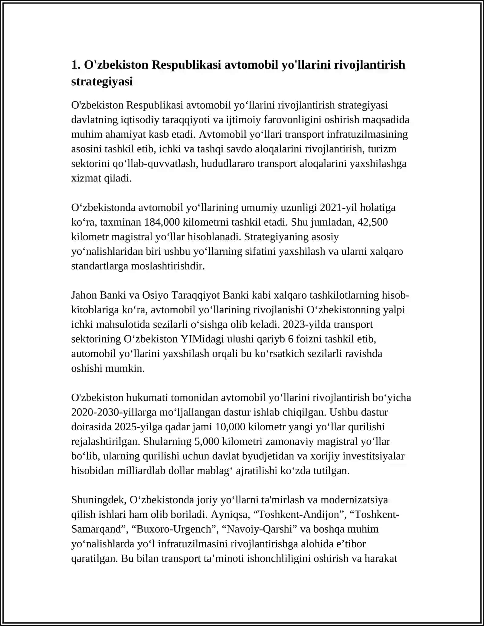 O'zbekiston Respublikasi Avtomobil Yo'llarining Rivojlanishi Boyicha Hukumat Qarorlari va Farmoyishlari 3