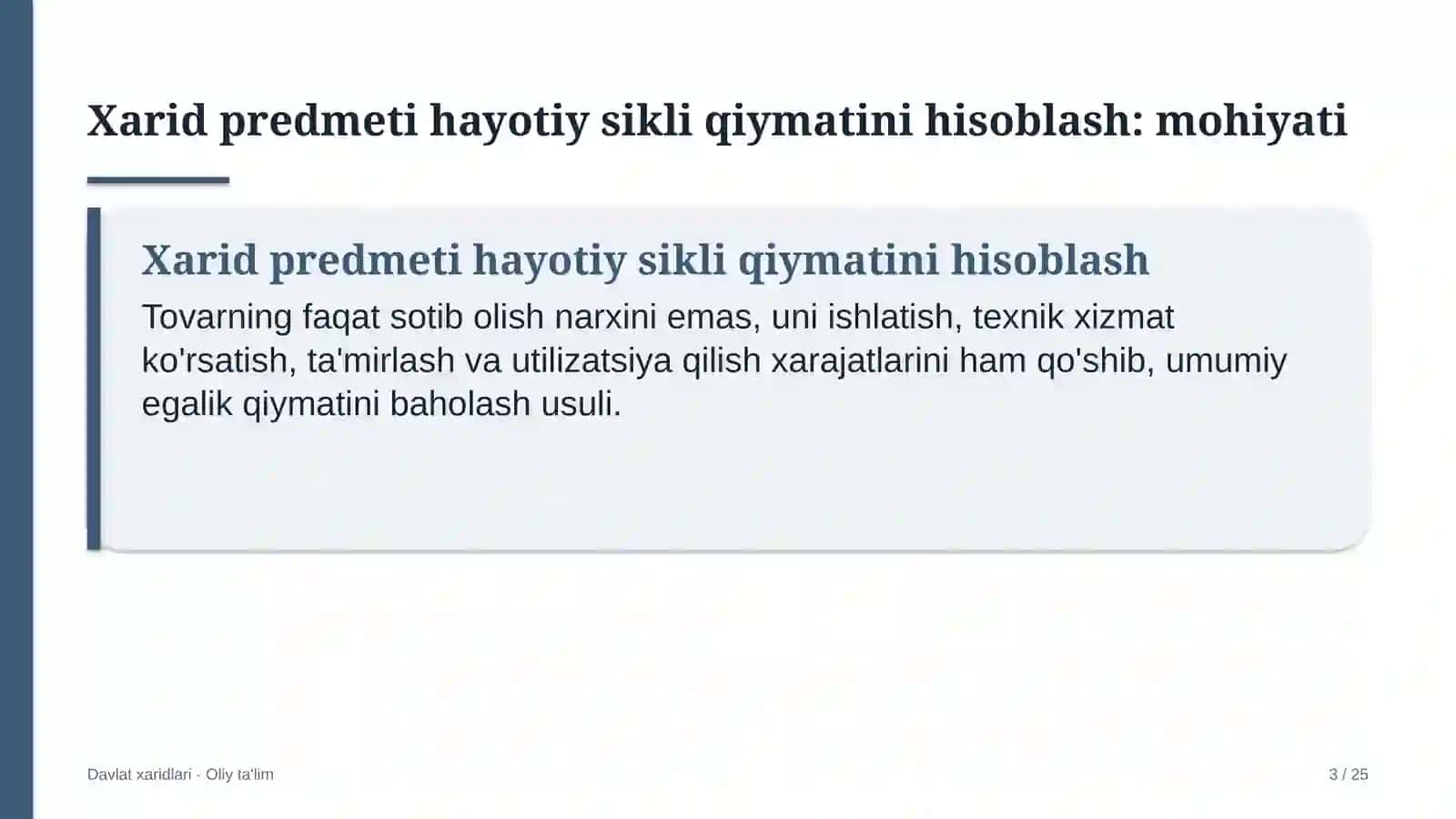 paxta tozalash zavodlarida xarid predmeti hayotiy sikli qiymatini hisoblash 6050 3