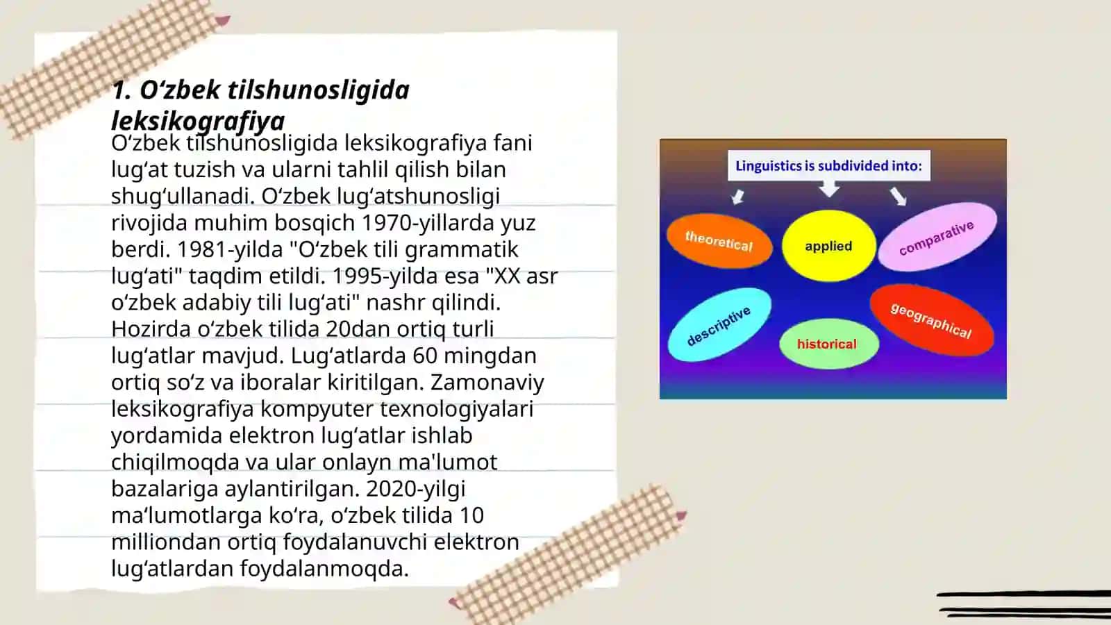 Tilshunoslikning zamonaviy turlari. Oʻzbek tilshunosligining dolzarb masalalari 3
