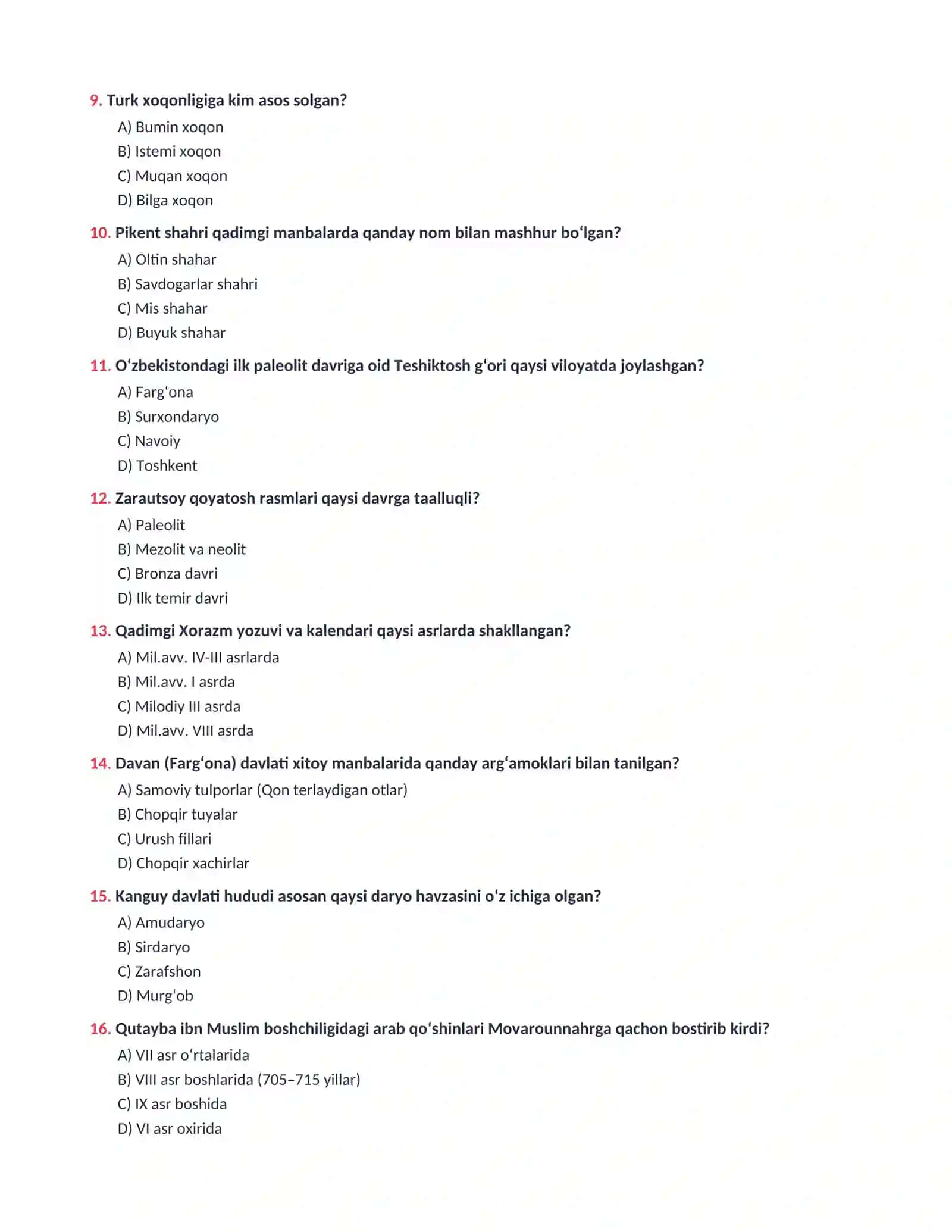 O‘ZBEKISTON TARIXI 100 ta Saralangan Test Savollari va Kalitlar (Javoblar) 3