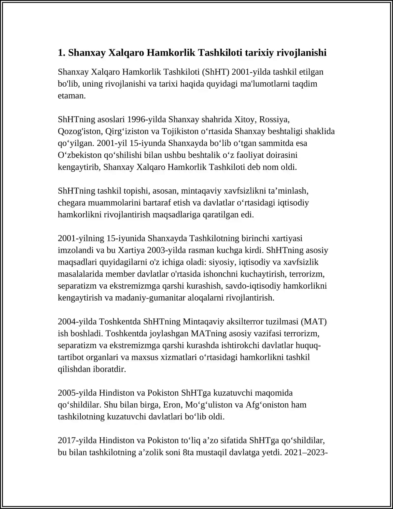SHANXAY XALQARO HAMKORLIK TASHKILOTI REFERAT 3