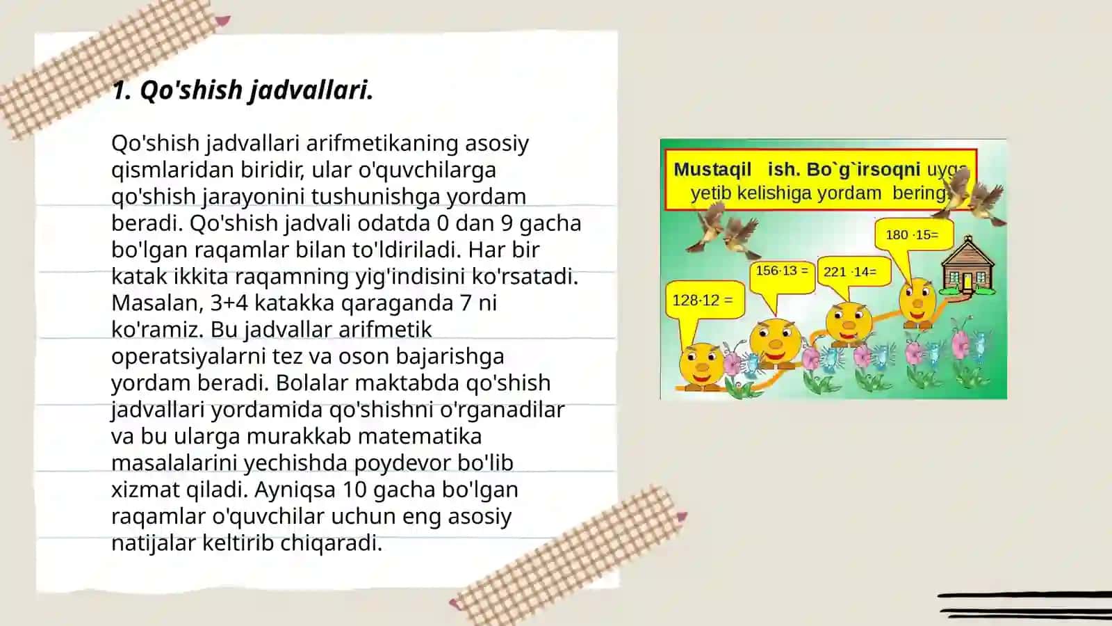 Qo'shish va ko'paytirish jadvallari hamda ularga mos ayrish va bo'lish hollarini o'rgatish 3