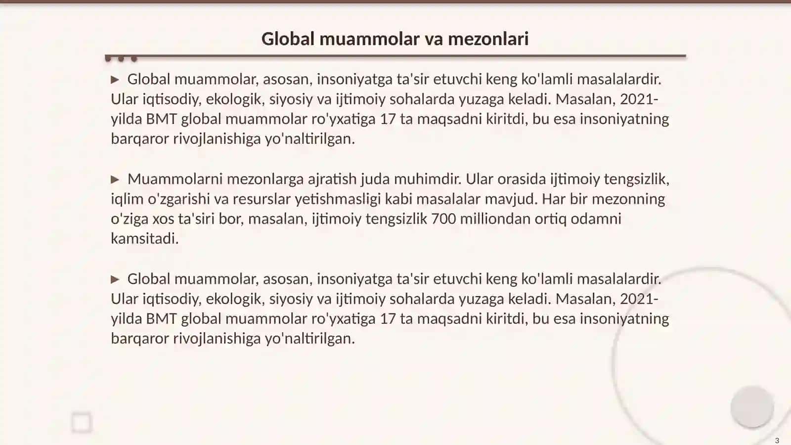 Global muammolarning mezonlari va darajalari. Falsafa fani Xulosasi bilan 3
