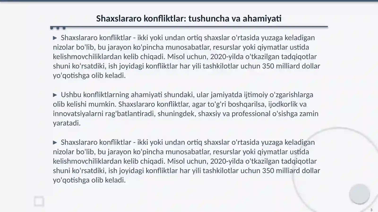 Shaxslararo konfliktlarni boshqarish sohasi va strategiyasining birligi 3