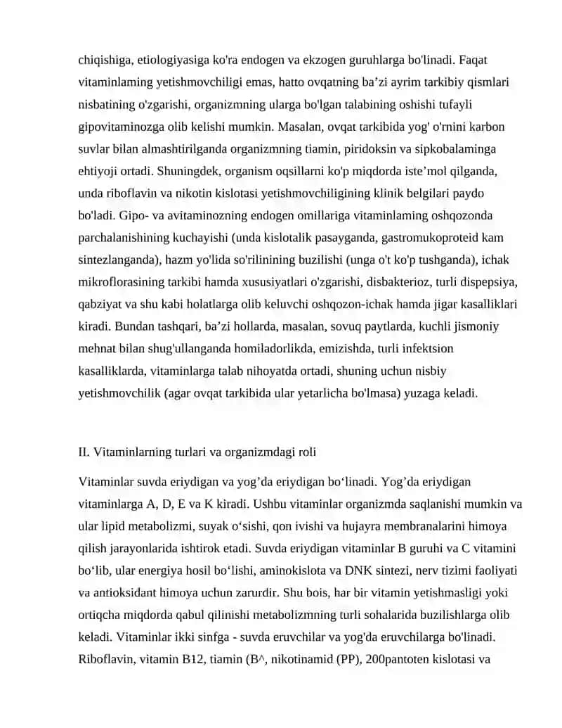 Gipovitaminoz va gipervitaminoz holatlarda moddalar almashinuvining buzilishi. 3