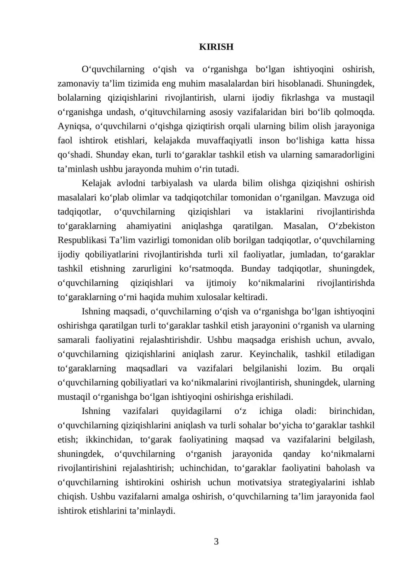 O‘QUVCHILARNI O‘QISHGA VA O‘RGANISHGA BO‘LGAN ISHTIYOQINI OSHIRISH UCHUN TURLI XIL TO‘GARAKLAR TUZISHNI HAMDA TO‘GARAK ISHINING REJASINI ISHLAB CHIQISH 3