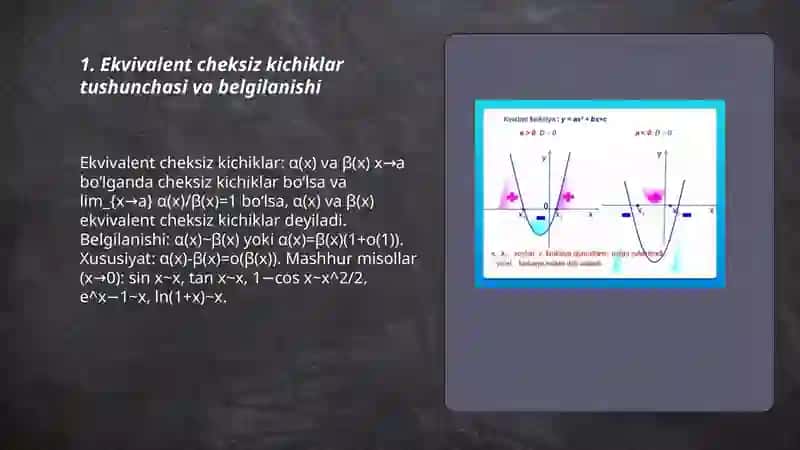 Ekvivalent cheksiz kichiklardan funksiya limintini topishda va funksiya grafigini chizishda foydalanish 3
