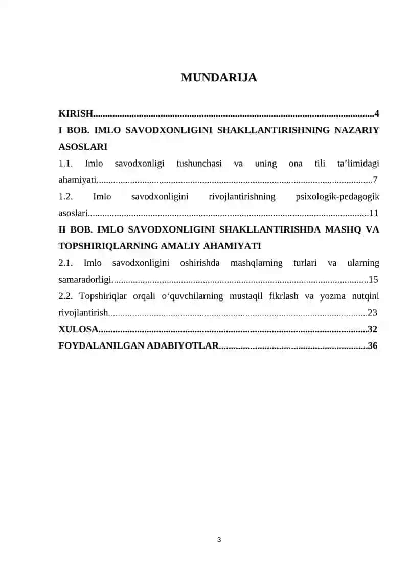 "IMLO SAVODXONLIGINI SHAKLLANTIRISHDA MASHQ VA TOPSHIRIQLARNING ROLI" mavzusidagi KURS ISHI 3