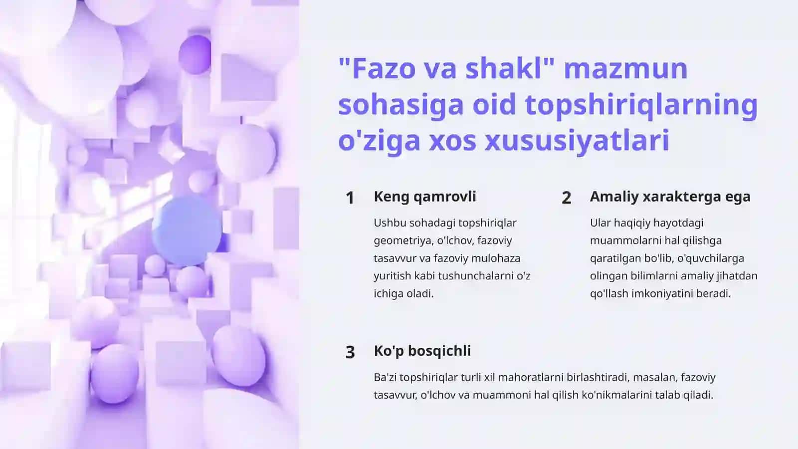 EGMA va TIMSS baholash dasturlari: "Fazo va shakl" mazmun sohasiga oid topshiriqlar 3