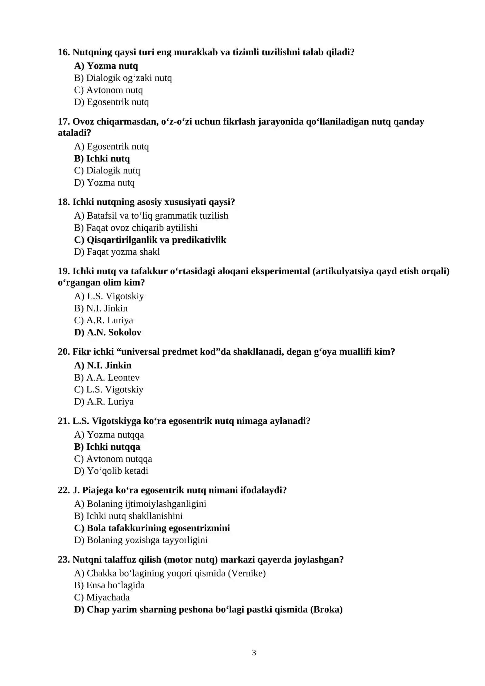 NUTQ PSIXOLOGIYASI DAN 100 TA TEST SAVOLLARI JAVOBLARI BILAN 3