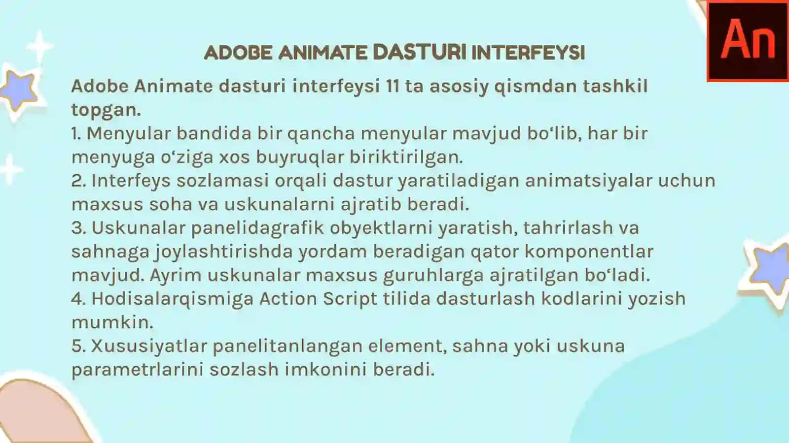Adobe Animate Dasturi Interfeysi va Uskunalar Paneli 3