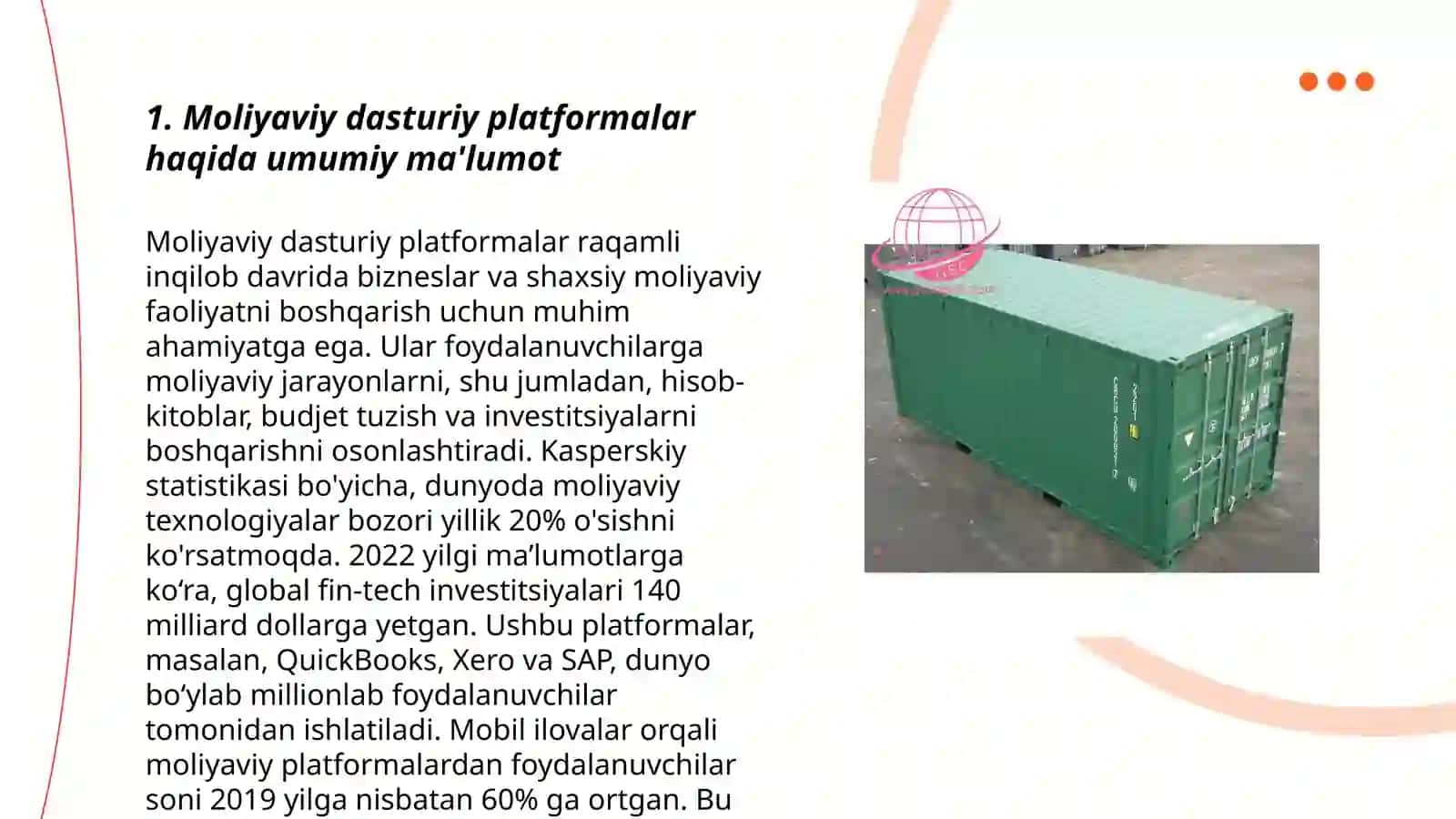 Moliyaviy amaliyotda qoʻllaniladigan asosiy dasturiy platformalar va ularning raqamlashtirish transformatsiyasi 3