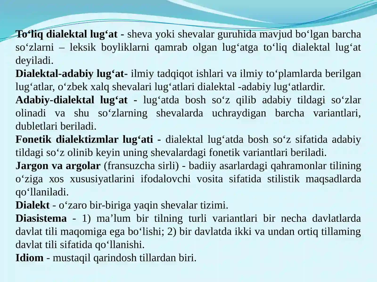 O‘zbek shevalarining grammatik xususiyatlari. Shevalarning morfologiyasi va sintaksisi. O‘zbek shevalari lug‘atchiligi. Dialektal lug‘atchilik tairixi. O‘zbek tili lahjalari 3