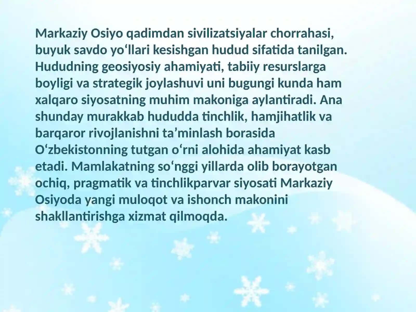 O’zbekistonning Markaziy Osiyodagi tinchlik va barqarorlikni ta’minlashda g‘orurlik 3