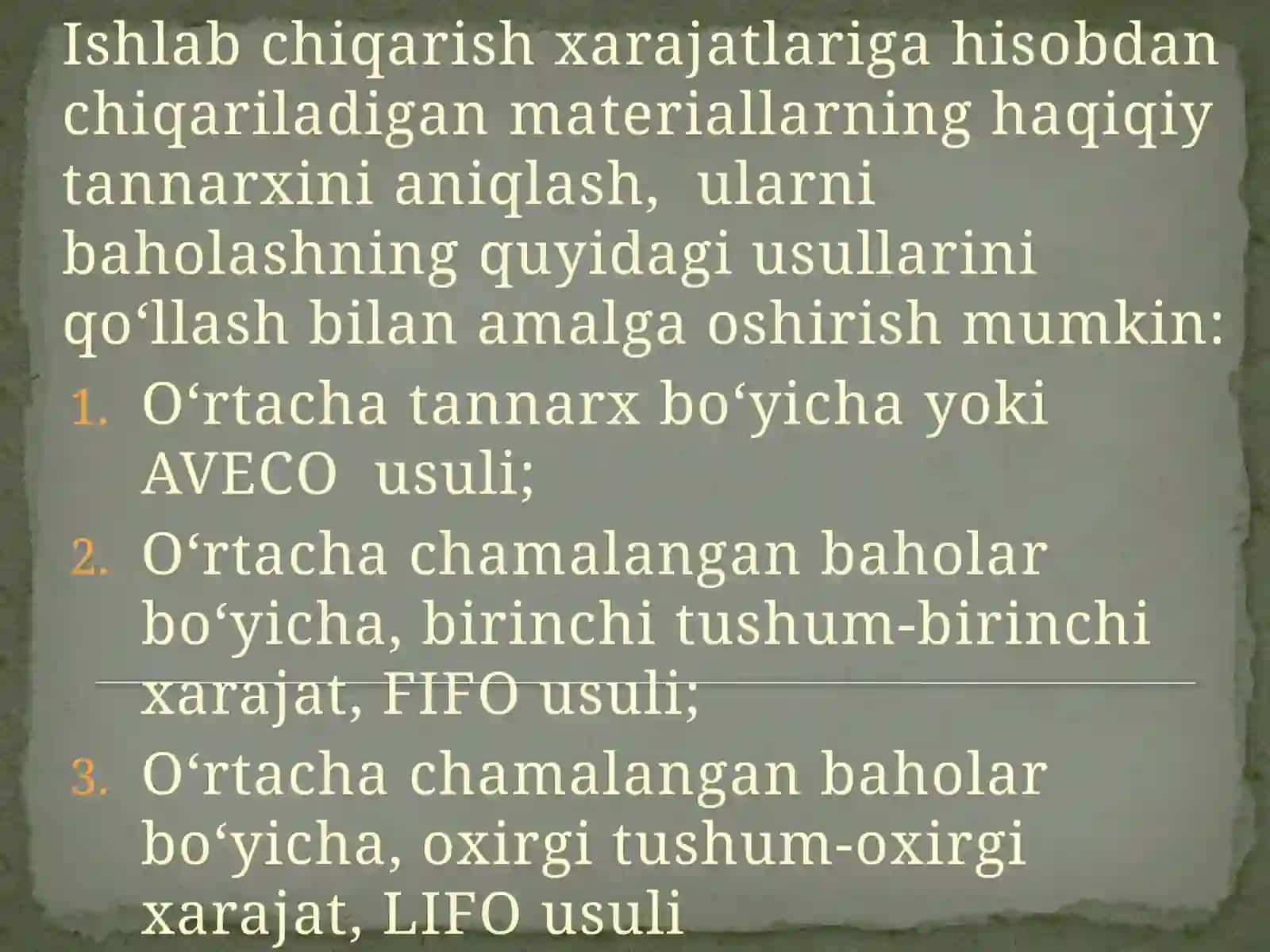 MATERIALLARNI O‘RTACHA BAHODA, FIFO, LIFO USULLARIDA BAHOLASH SARFLASH HISOBI 3