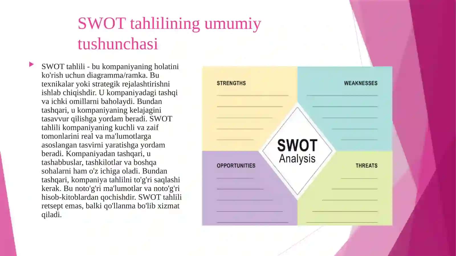 Mijoz bilan ish yuritishda swot tahlilining xususiyatlari 3