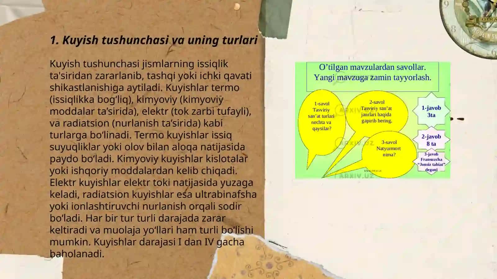 Kuyish turlari, kuyganda birinchi tibbiy yordam mavzusi bo‘yicha mashg‘ulotni tashkil qilish va o‘tish metodikasi 3