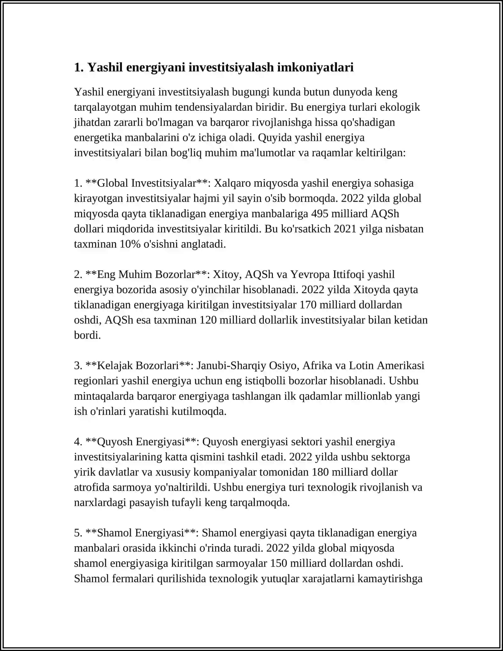 "YASHIL LOYIHALAR"NI INVESTITSIYALASH YONALISHLARI VA DASTAKLARI 3