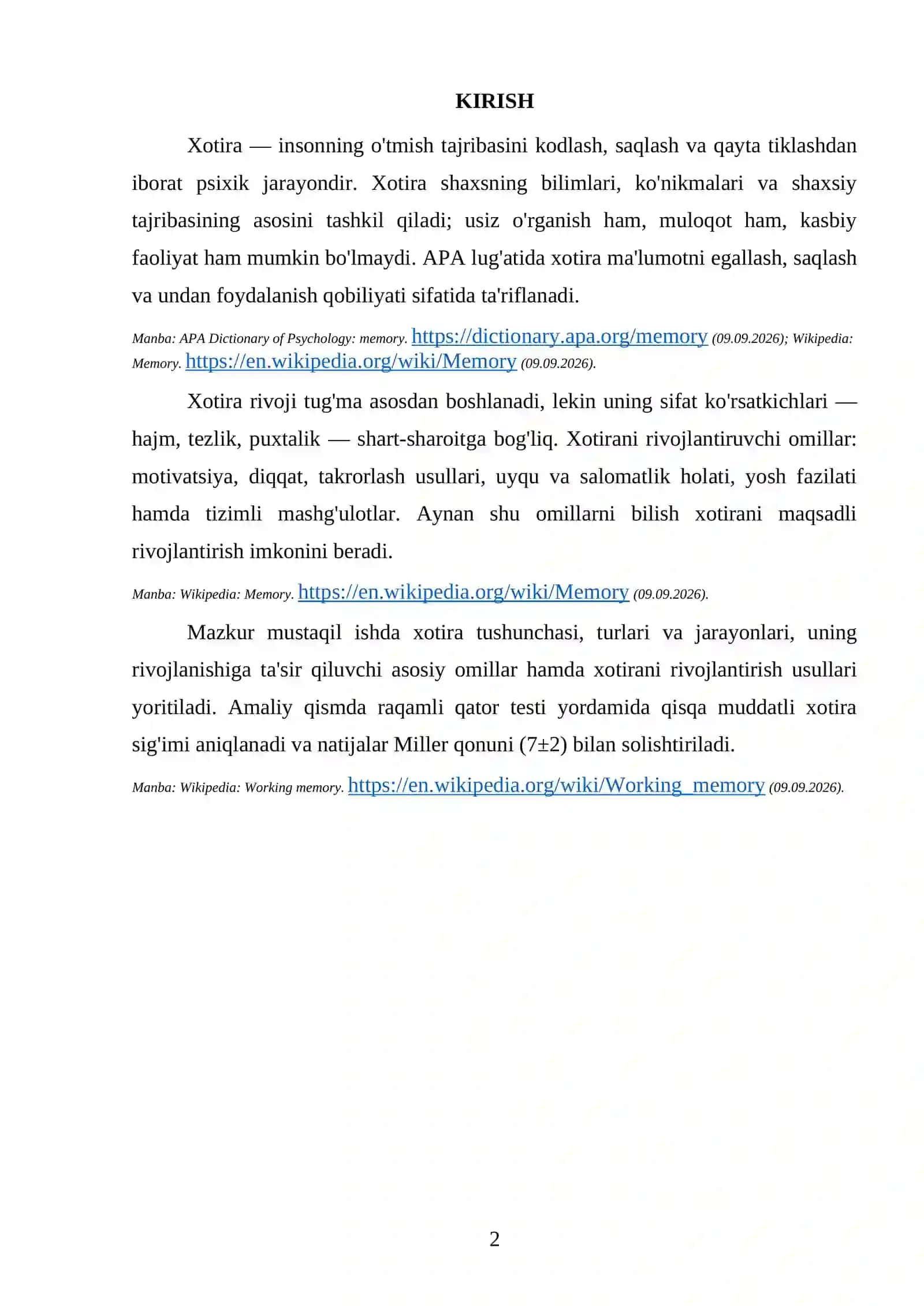 MUSTAQIL ISH: XOTIRA RIVOJINING ASOSIY OMILLARI VA SHART-SHAROITLARI 3