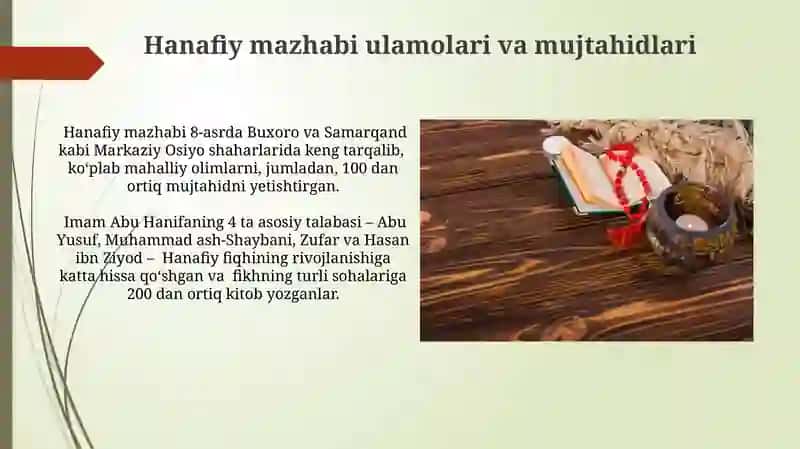 Abu Hanifaning hayoti faoliyati fiqhiy uslubi hanafiylik mazhabining ortaosiyogatarqalishi 3