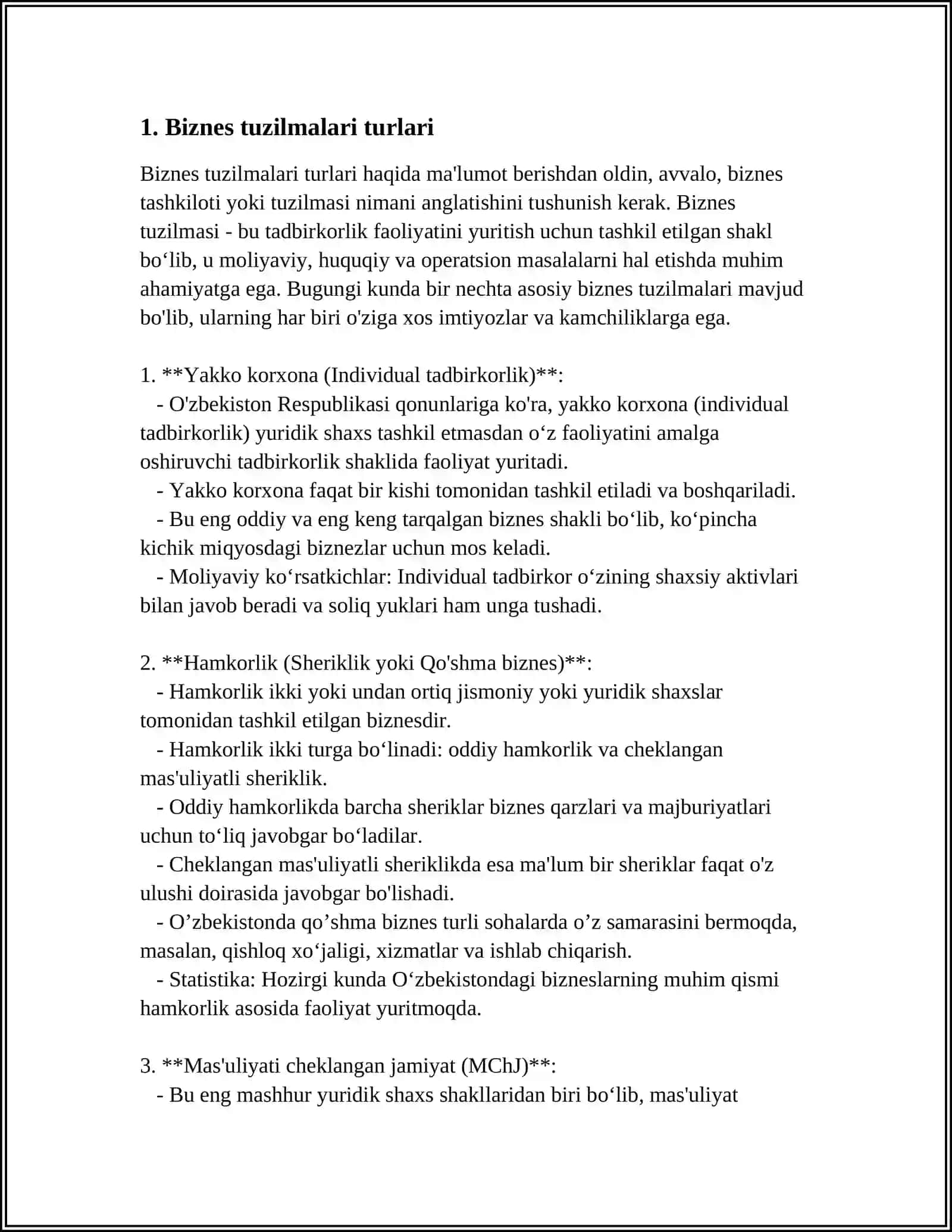 MUSTAQIL ISH Mavzu: FAOLIYAT SIFATIDA BIZNES TUZILISHINI TAHLIL QILISH 3