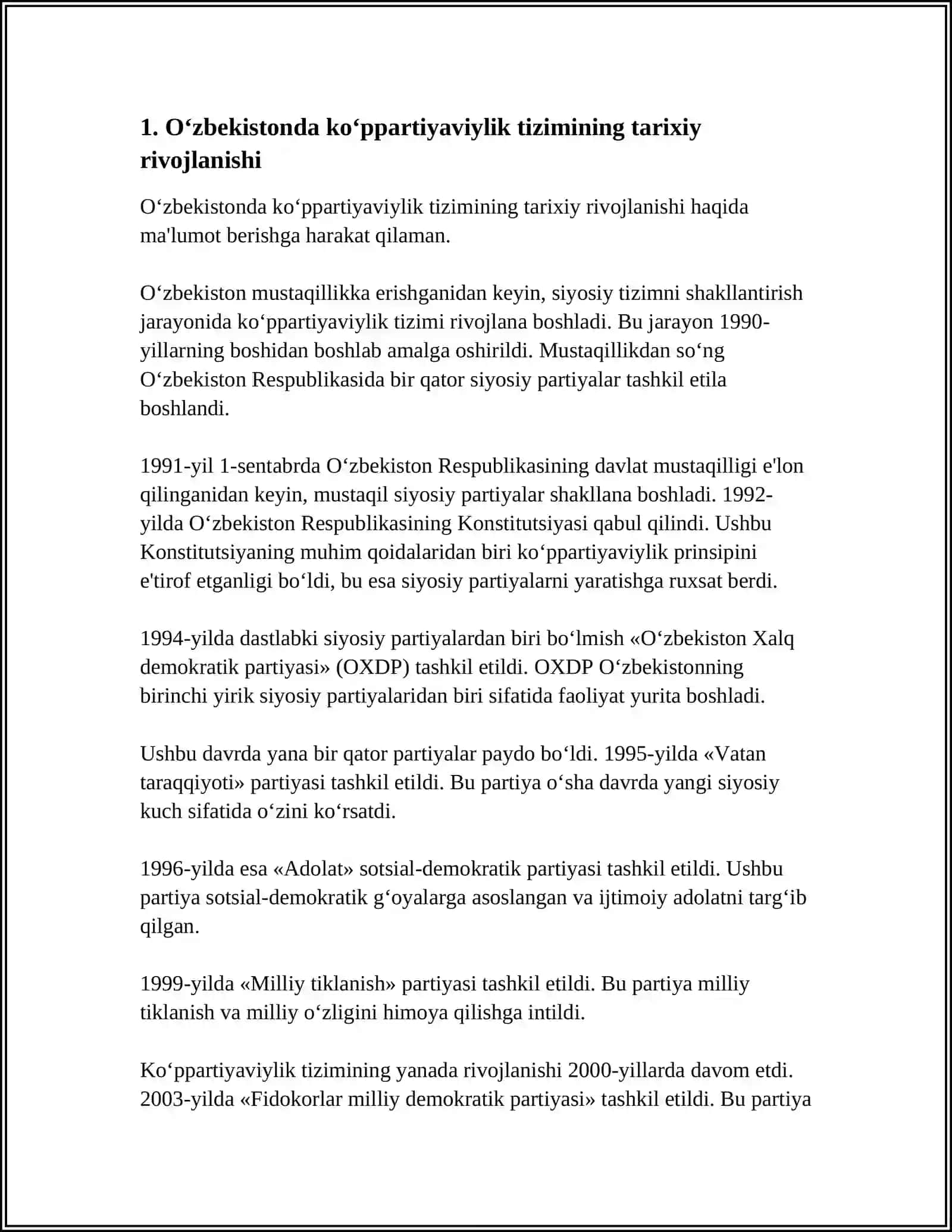 O‘ZBEKISTONDA KO‘PPARTIYAVIYLIK TIZIMINING SHAKLLANISHI VA UNING AHAMIYATI,SIYOSIY PARTIYALAR FAOLIYATIDAGI XUSUSIYATLAR 3