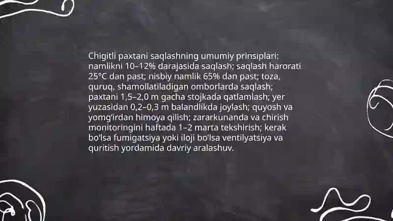 Chigitli paxtani saqlash va dastlabki ishlash texnologiyasi 3