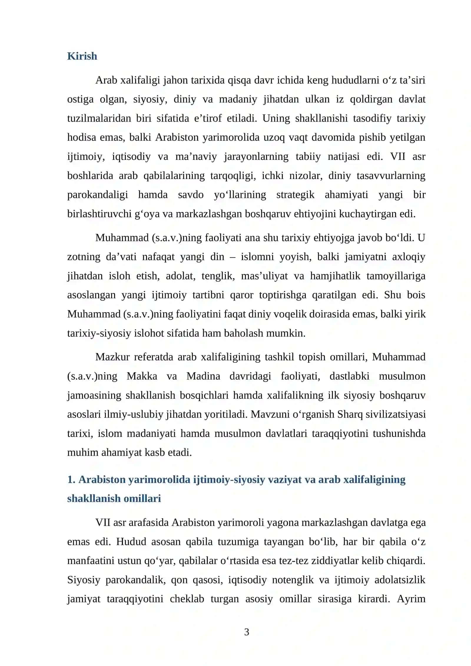 Arab xalifaligining tashkil topishi va Muhammad (s.a.v.)ning faoliyati REFERAT 3