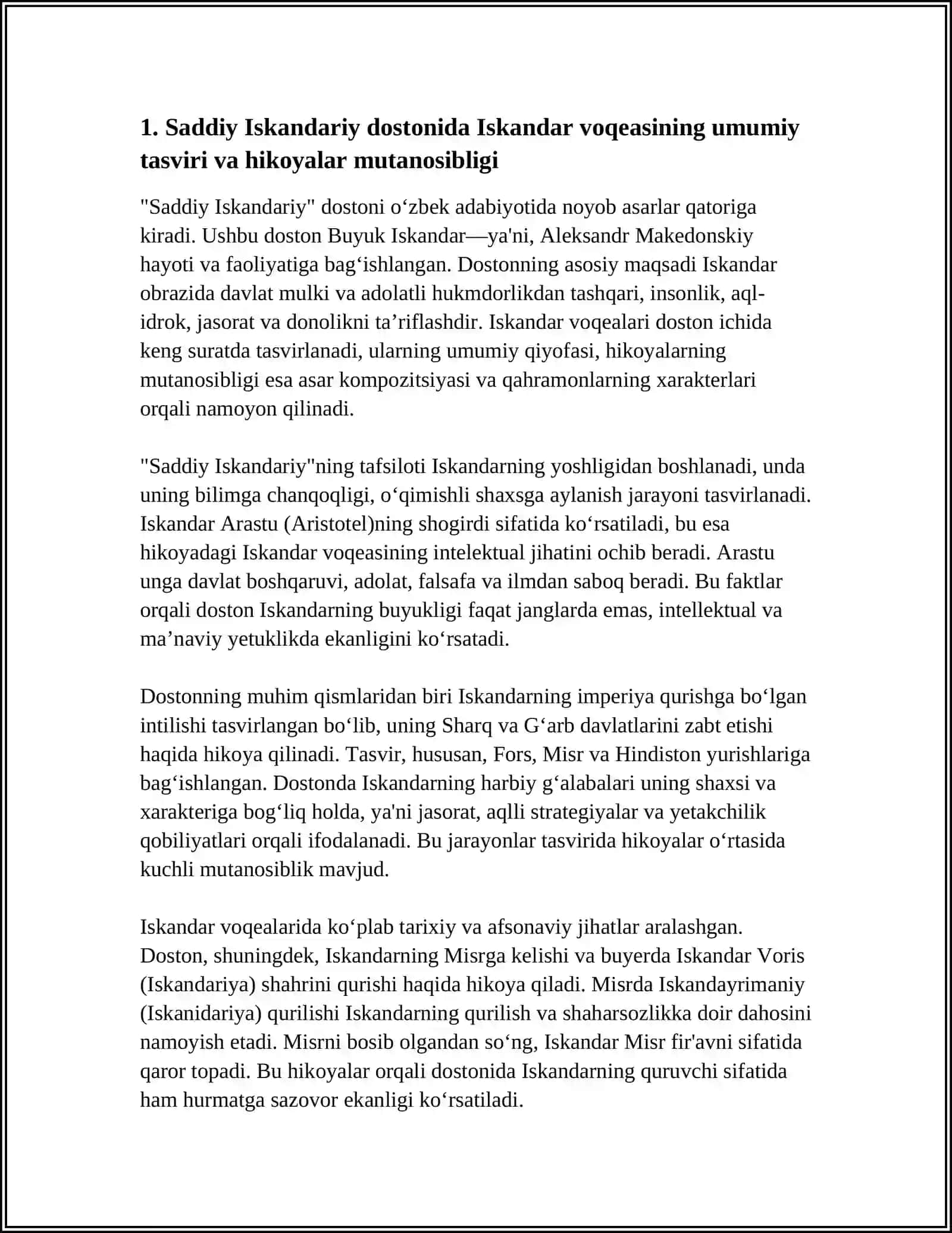Saddiy Iskandariy dostonining Iskandar voqeasi va keltirgan hikoyalat mutanosibigi 3