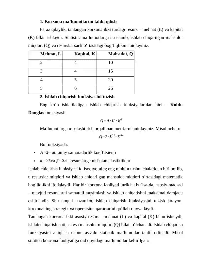KORXONA ISHLAB CHIQARISH FUNKSIYASINI TAHLIL QILISH VA OPTIMALLASHTIRISH 3
