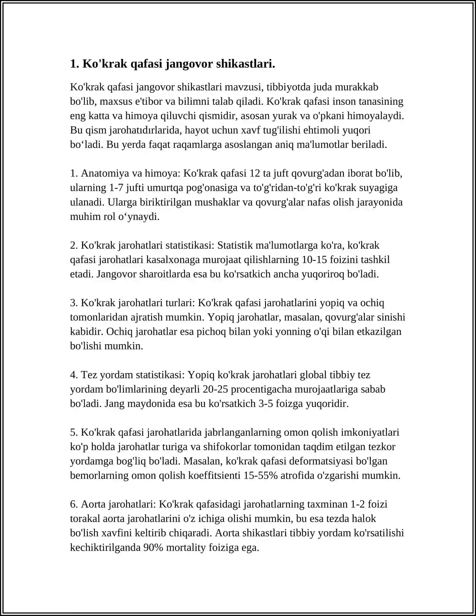 KOʻKRAK QAFASI VA QORIN A’ZOLARINI JANGOVOR SHIKASTLARI VA BOSQICHLARDA DAVOLASH CHANOQ VA CHANOQ A’ZOLARINI JANGOVOR SHIKASTLARI KOʻKRAK QAFASI QORIN SOXASI JANGOVOR SHIKASTLARI BIRLAMCHI TIBBIY YORDAM UASH ROLI VA AHAMIYATI 3