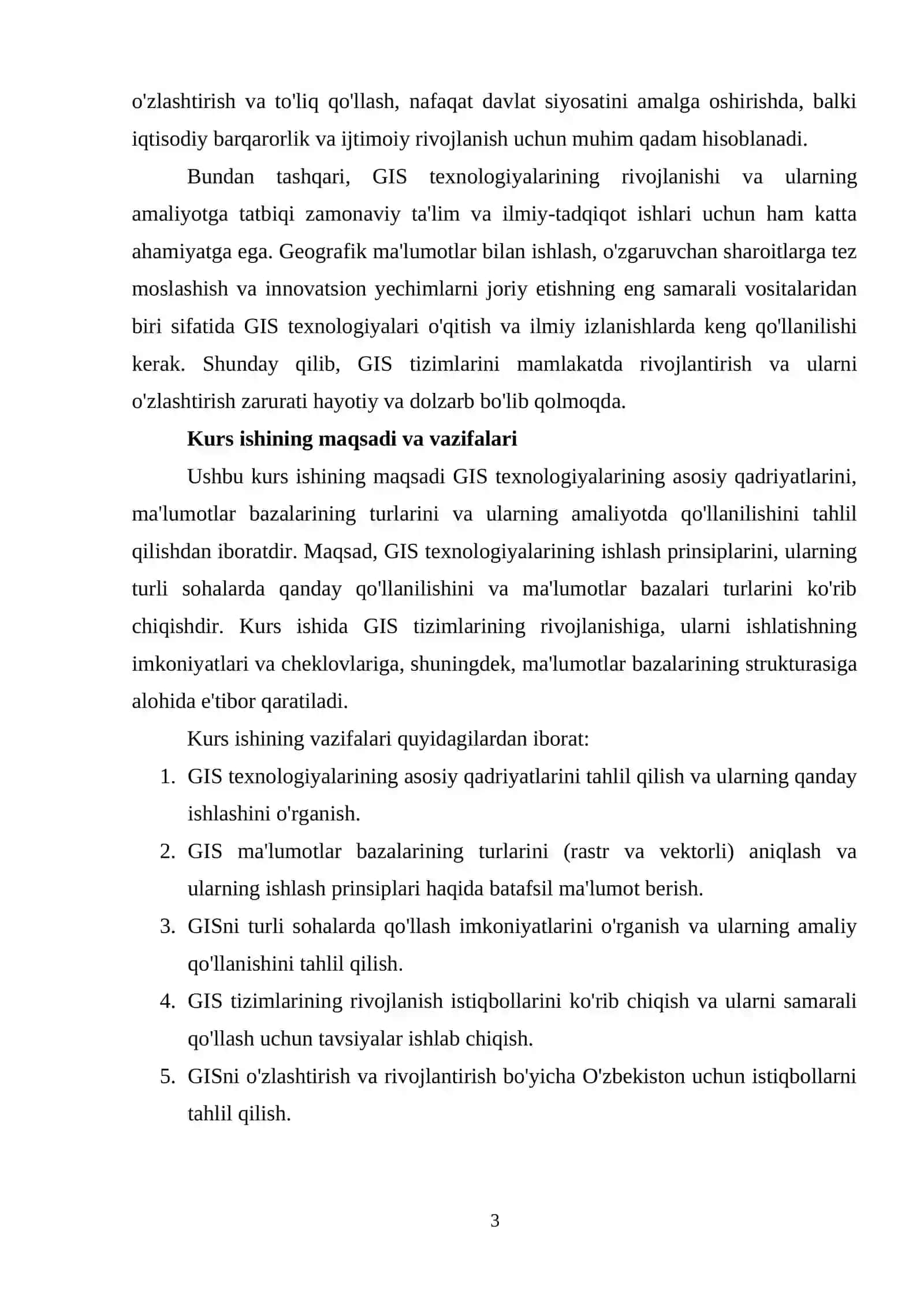 GEOGRAFIK MA'LUMOTLAR BAZALARI (GIS): GISNING ASOSIY QADRIYATLARI, MA'LUMOTLAR BAZALARI TURLARI, VA ULARNI ISHLATISH SOHALARINI TAHLIL QILISH. 3