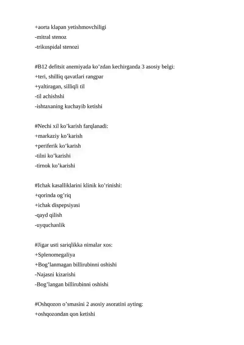 Ichki kasalliklar propedevtikasi fanidan 300 talik test, 2 talik javoblari bilan 3