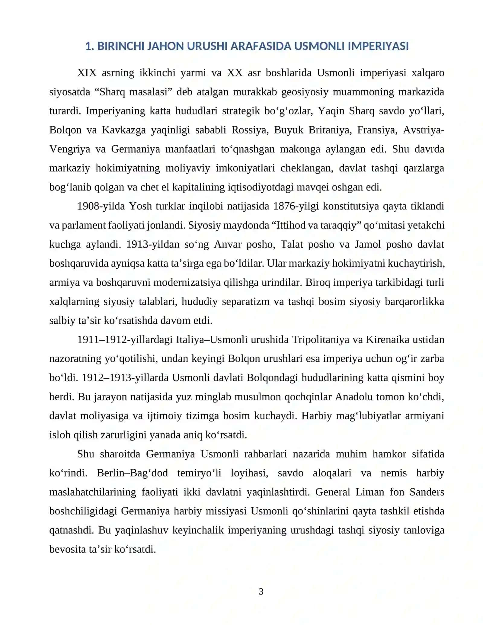TURKIYA BIRINCHI JAHON URUSHI YILLARIDA JAHON TARIXI FANIDAN 303-GURUH TARIX YO’NALISHI SIRTQI TA’LIM TALABASI 3