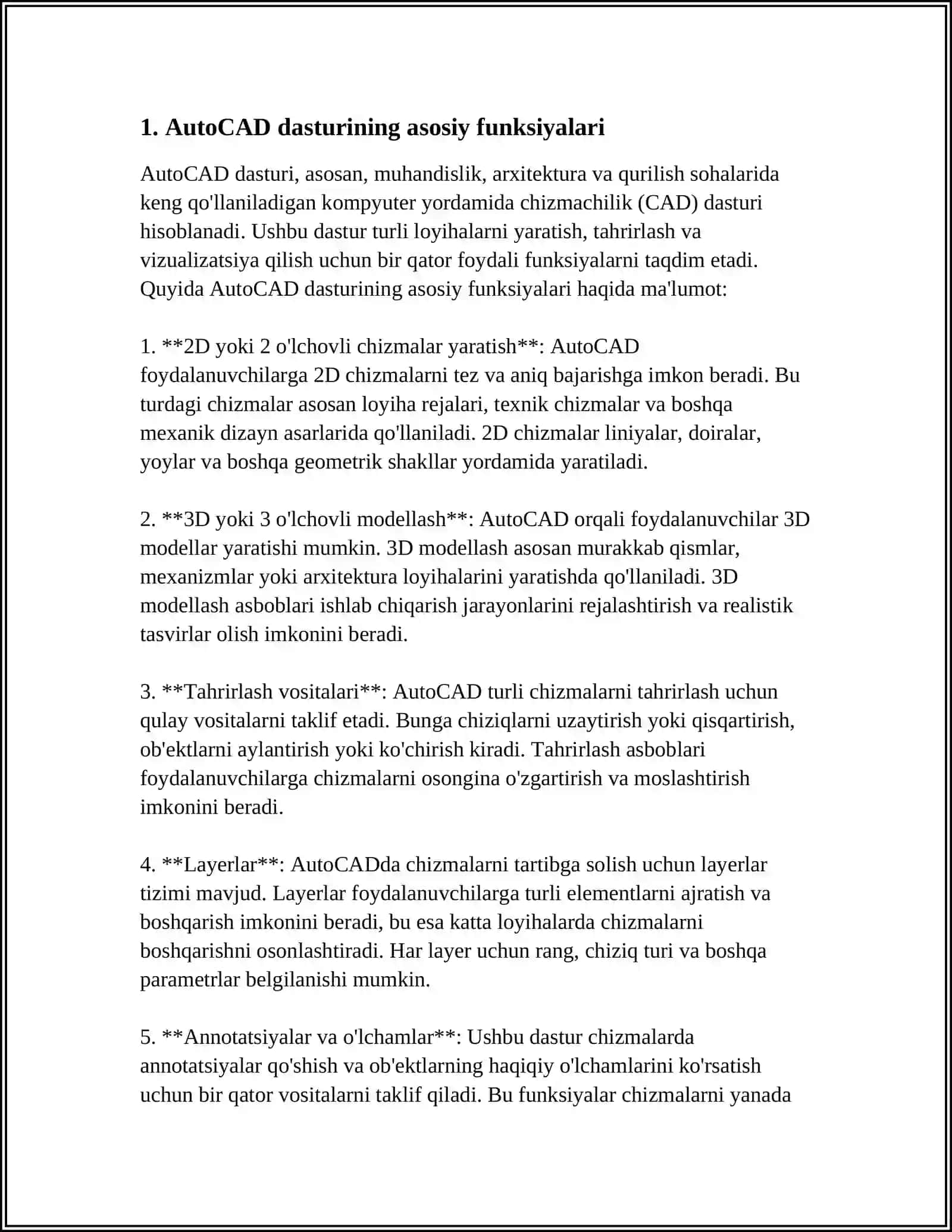 GRAFIK AXBOROTNI KIRITISH, TAHRIRLASH VA CHIQARISHNING DASTURIY VOSITALARI: AVTOCAD DASTURI BILAN ISHLASH 3
