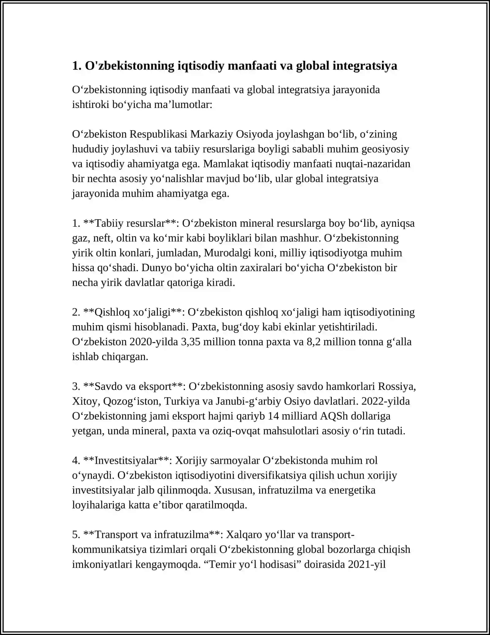 IQTISODIY JARAYONLARNING GLOBALLASHUVI SHAROITIDA O'ZBEKISTON MANFATLARI 3