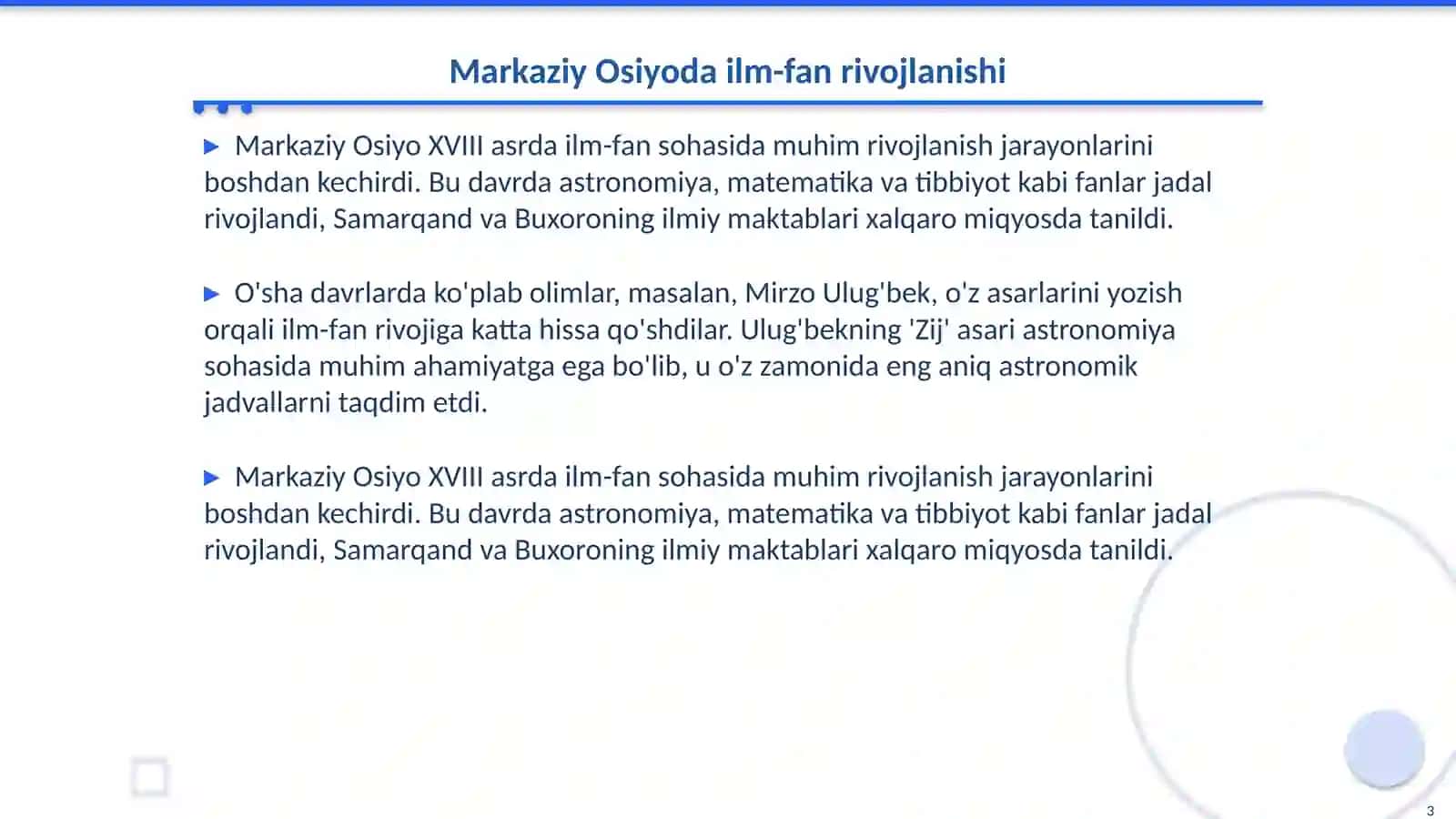 Markaziy Osiyoda ilm-fan va ta’lim XVIII аsr XIX- XX asr boshlari misolida 3