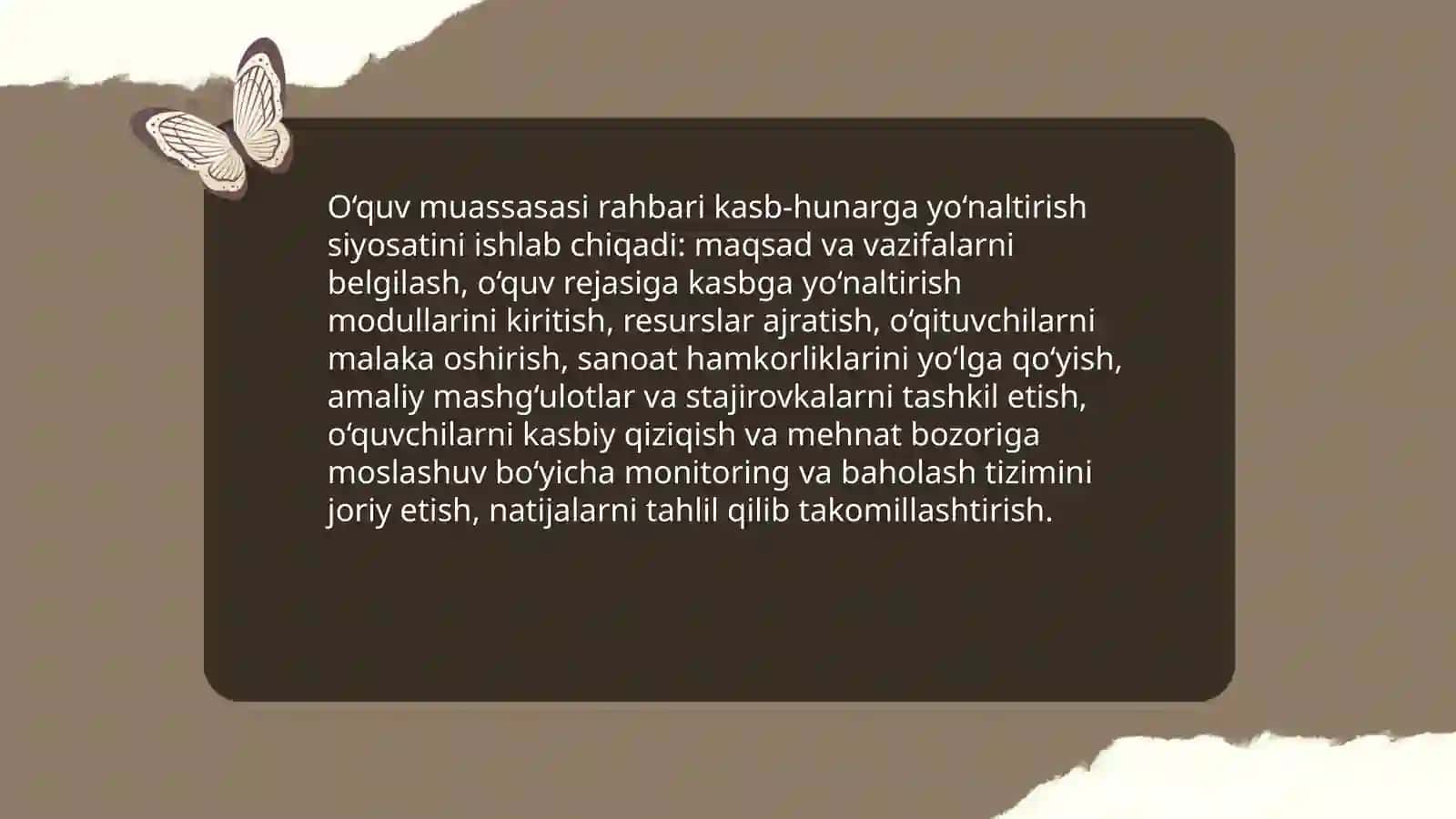 O‘quv muassasasi rahbari va o’rinbosqrlarining kasb hunarga yo‘naltirish ishini tashkil etishi. Sinf rahbarining kasb hunarga yo‘naltirishdagi o‘rni. 3