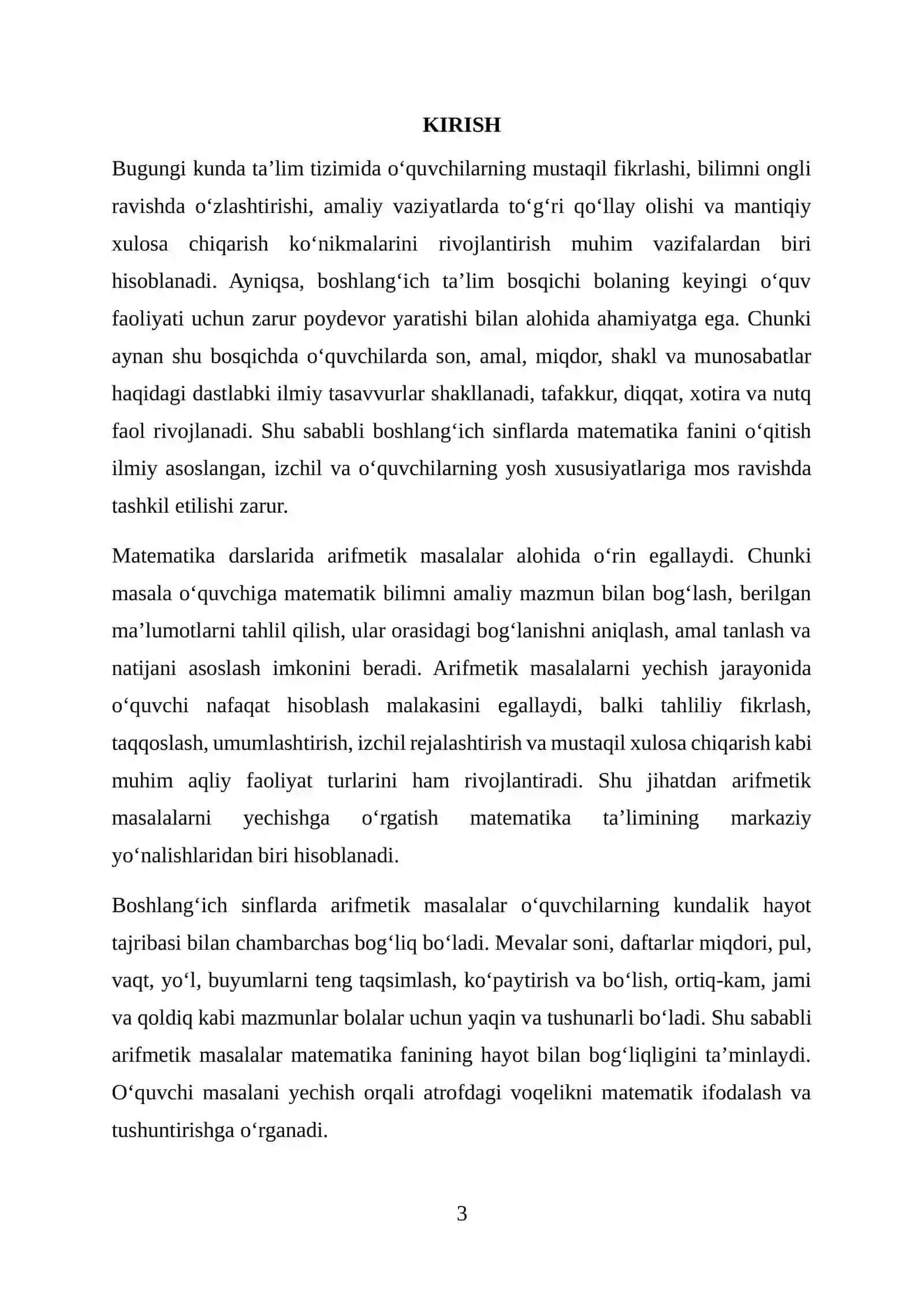 BOSHLANG‘ICH SINFLARDA ARIFMETIK MASALALARNI YECHISHGA O‘RGATISH METODIKASI 3