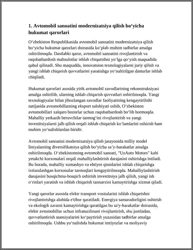 OʻZBEKISTON RESPUBLIKASIDA AVTOMOBIL SANOATI VA TRANSPORTINI RIVOJLANTIRISH BOʻYICHA HUKUMAT QARORLARI 3