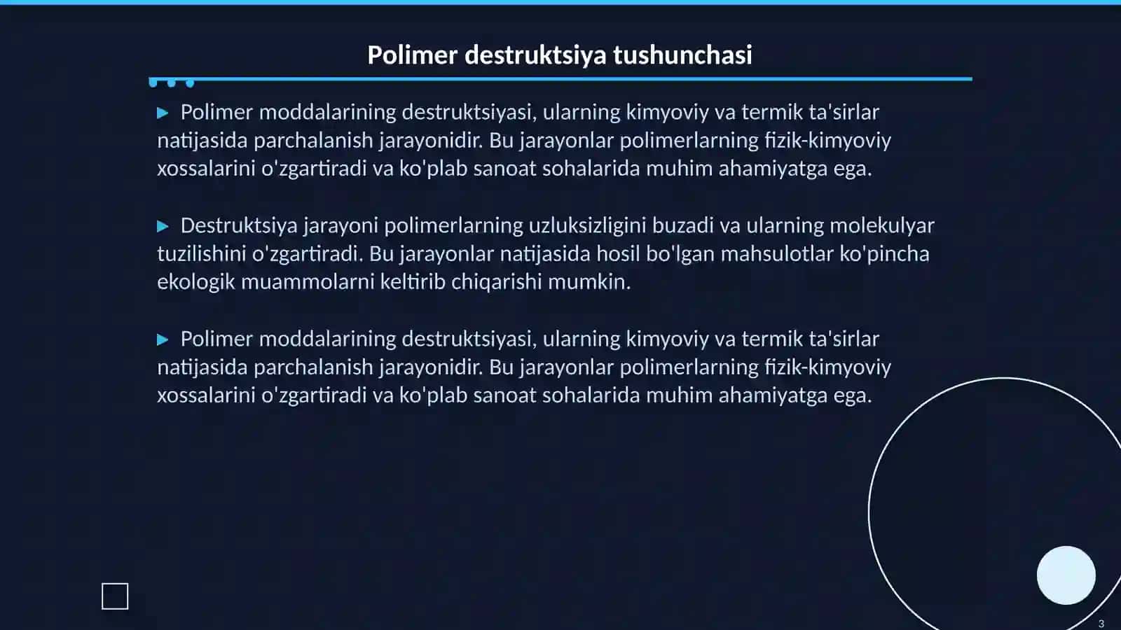 Pоlimеr mоddаlаrining dеstruktsiyasi: kimyoviy dеstruktsiya, tеrmik dеstruktsiya 3