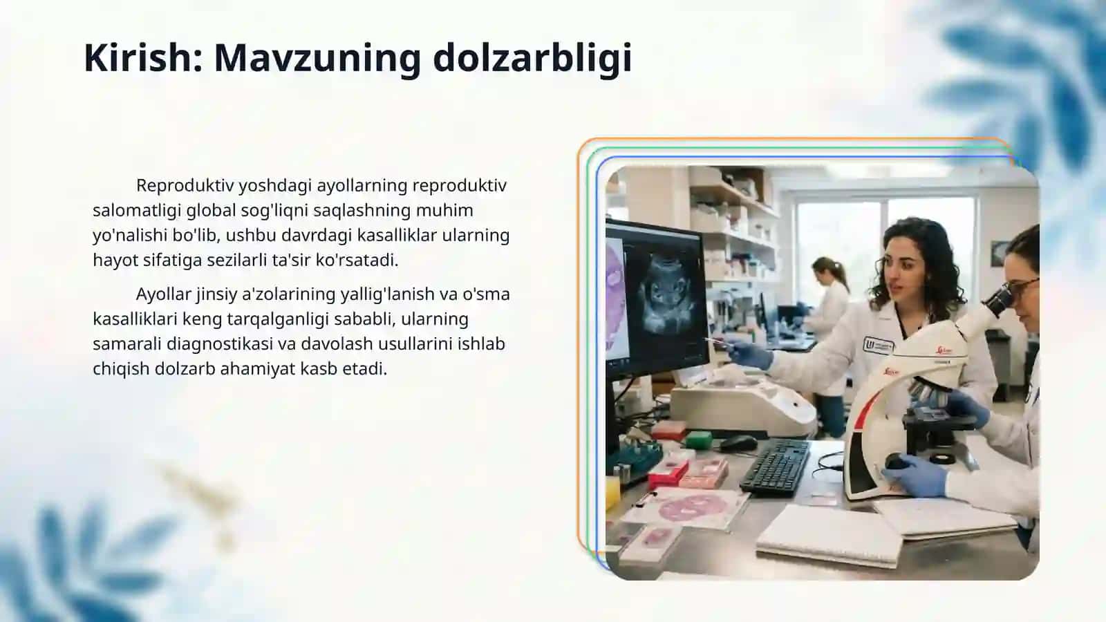 Ayollar jinsiy a’zolari spetsifik va nospetsifik etilogiyali yalligʻlanish kasalliklari.Tuxjmdon yaxshi va yomon sifatli oʻsma kasalliklari. 3