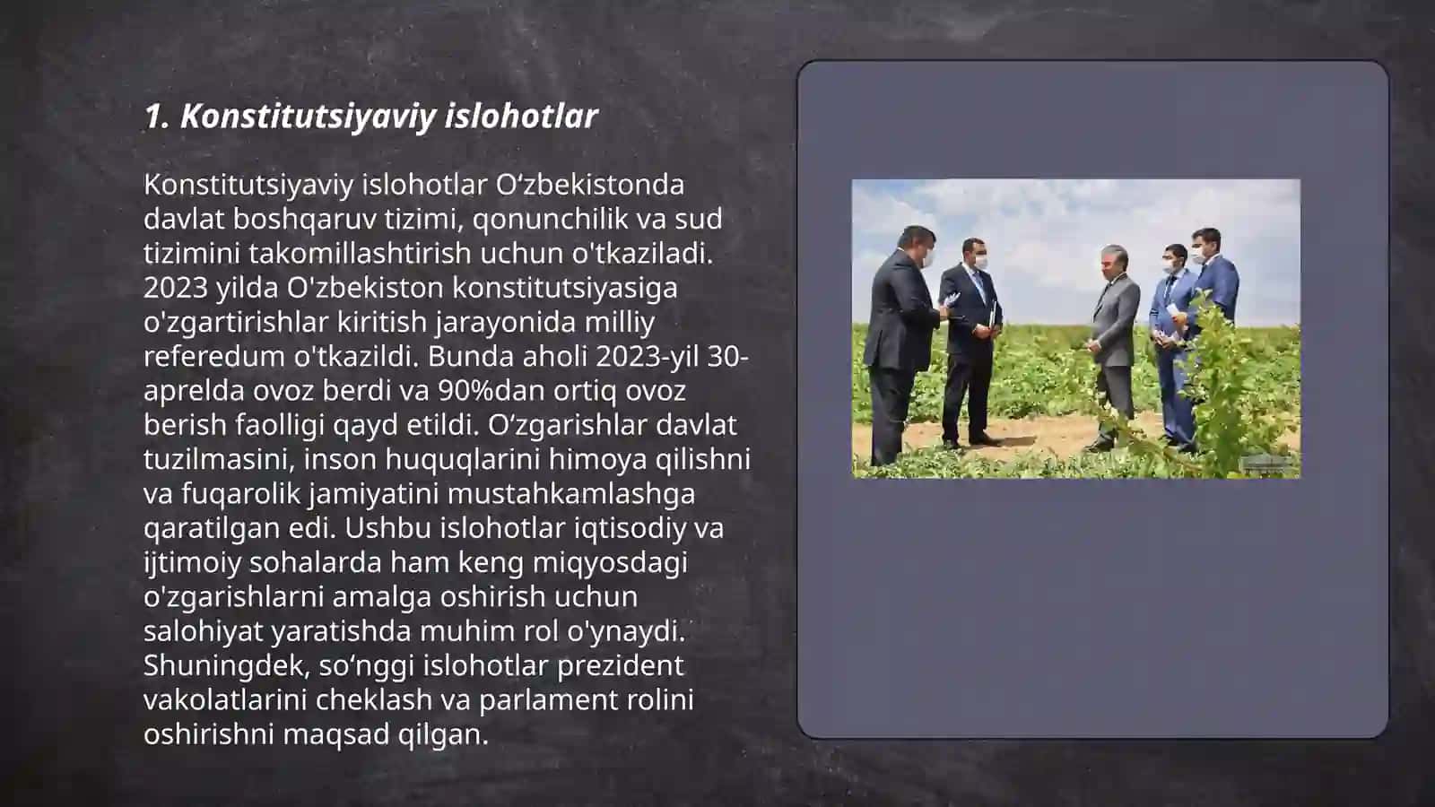Yangi O'zbekistonda prezident Sh.M.Mirziyayev rahbarligi va tashabbusi ostida amalga oshirilayotgan islohotlar 3