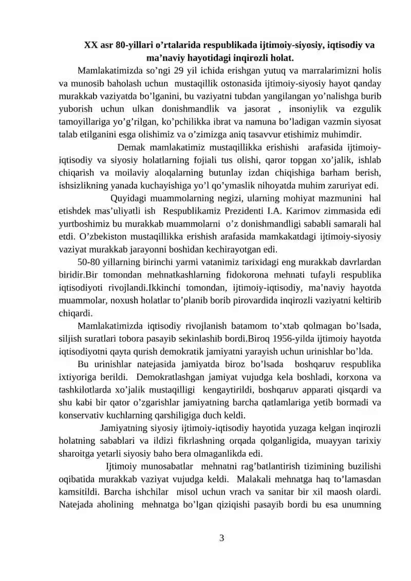 XX ASRNING 80-YILLARI SO‘NGIDA O‘ZBEKISTONDA SIYOSIY, IQTISODIY VA IJTIMOIY MUAMMOLAR 3