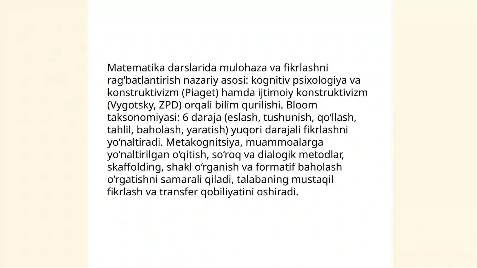 Matematika darslarida mulohaza yuritish,fikrlashga undovchi savollar yordamida darsni tashkil qilish metodikasi 3
