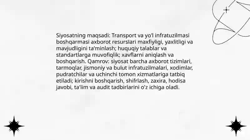 Transport va yo'l infratuzilmasi boshqarmalari Axborot xavfsizligi siyosati 3