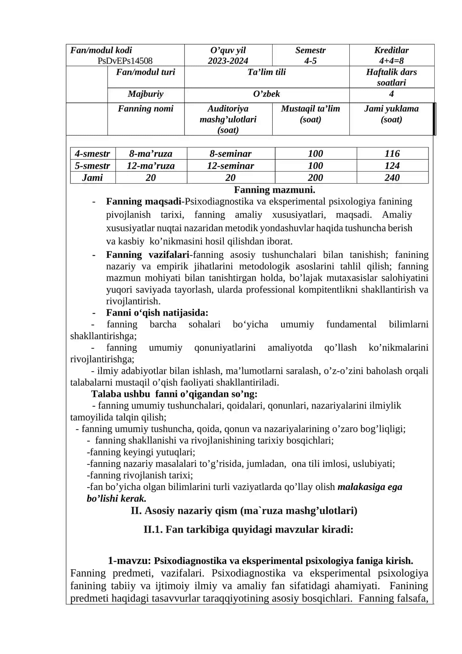Psixodiagnostika va eksperimental psixologiya fanidan fan dasturi 3