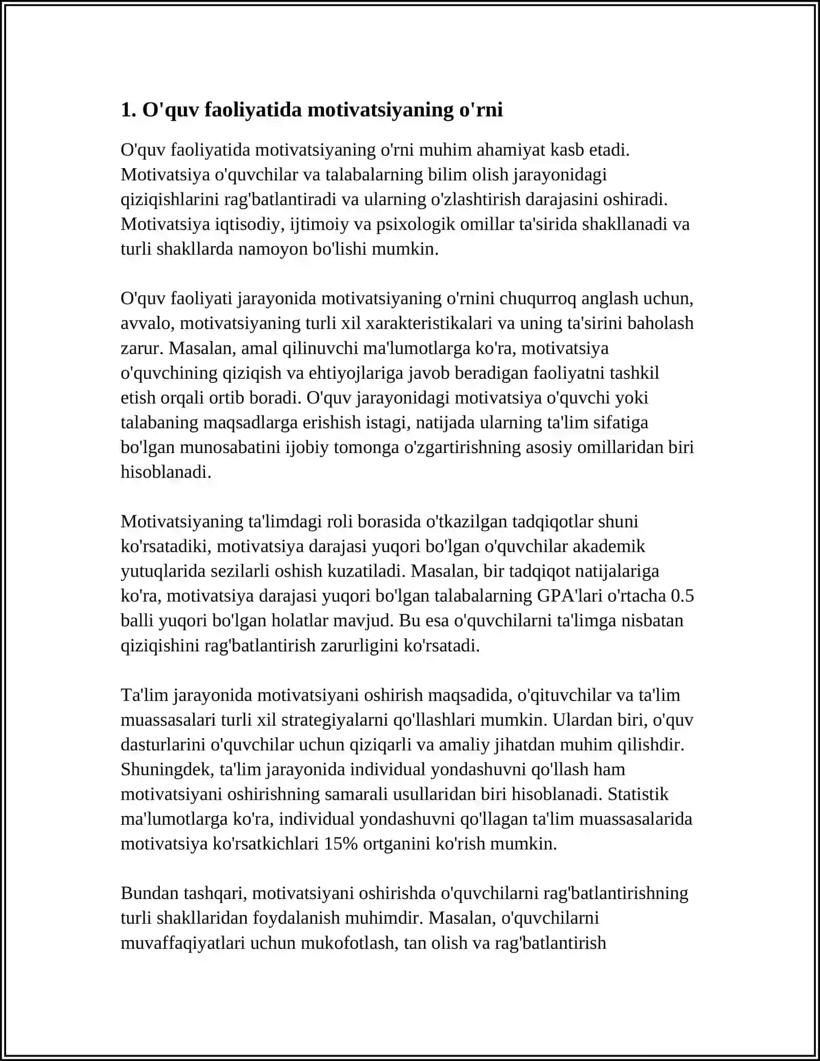 O‘QUV VA KASBIY FAOLIYAT MOTIVATSIYALARI. MOTIVATSIYA VA FAOLIYAT SAMARADORLIGI 3